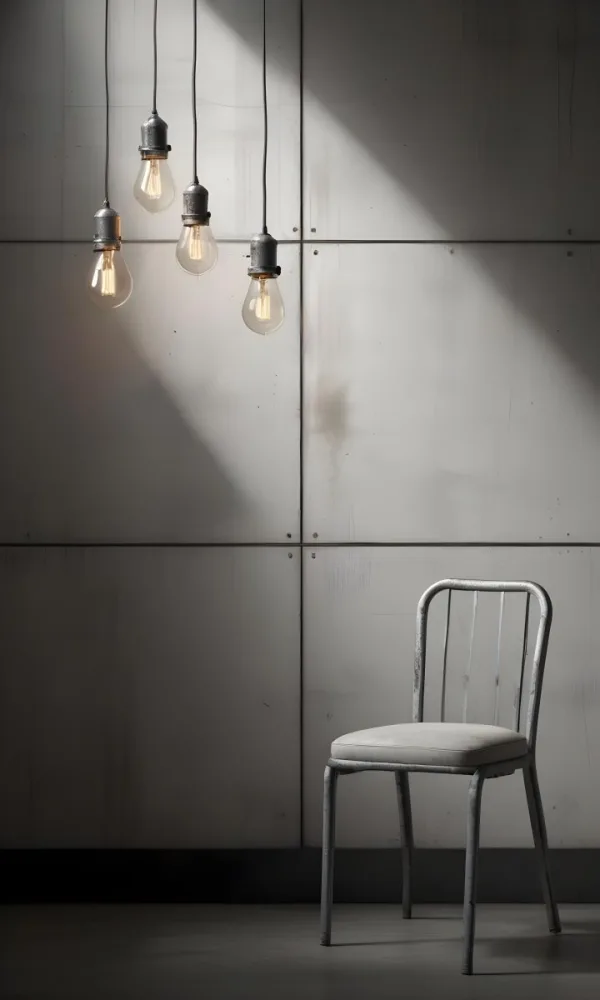 3d Model A Metal Chair In Front Of A Concrete Wall With Two Light Bulbs Hanging From The Ceiling Minimalist Design Industrial Style Figure Octane Render Volumetric Highly Detailed Videogame Aesthetic 51 Ab25
