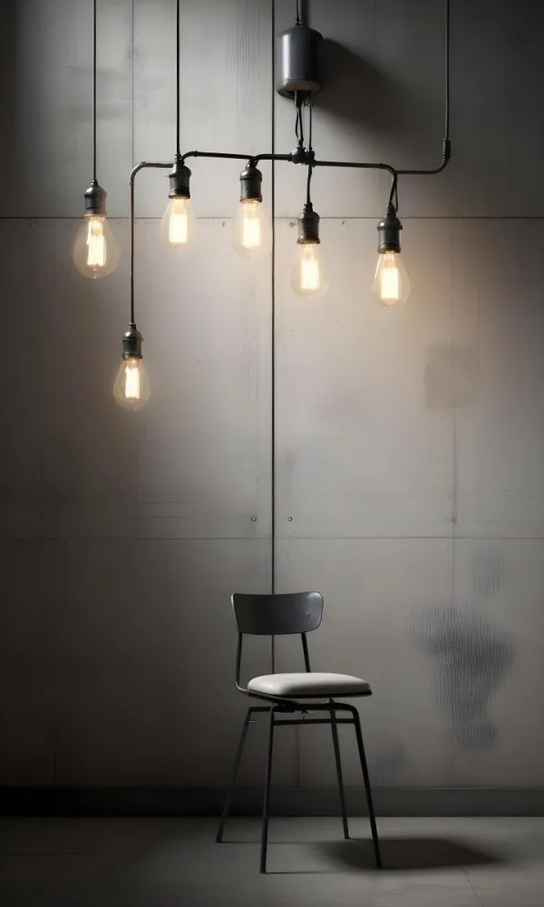 3d Model A Metal Chair In Front Of A Concrete Wall With Two Light Bulbs Hanging From The Ceiling Minimalist Design Industrial Style Figure Octane Render Volumetric Highly Detailed Videogame Aesthetic 52 1646
