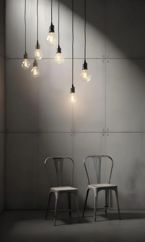 3d Model A Metal Chair In Front Of A Concrete Wall With Two Light Bulbs Hanging From The Ceiling Minimalist Design Industrial Style Figure Octane Render Volumetric Highly Detailed Videogame Aesthetic 55 5d00