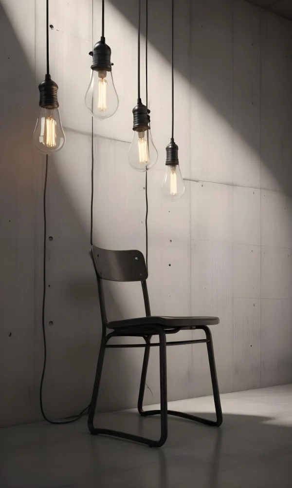 3d Model A Metal Chair In Front Of A Concrete Wall With Two Light Bulbs Hanging From The Ceiling Minimalist Design Industrial Style Figure Octane Render Volumetric Highly Detailed Videogame Aesthetic 56 0715