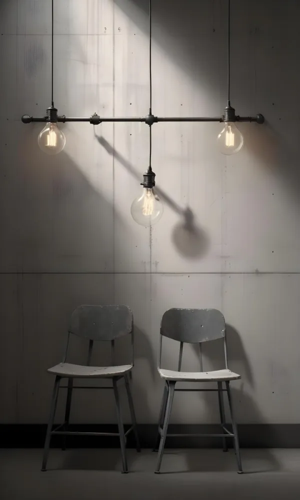 3d Model A Metal Chair In Front Of A Concrete Wall With Two Light Bulbs Hanging From The Ceiling Minimalist Design Industrial Style Figure Octane Render Volumetric Highly Detailed Videogame Aesthetic 58 3161