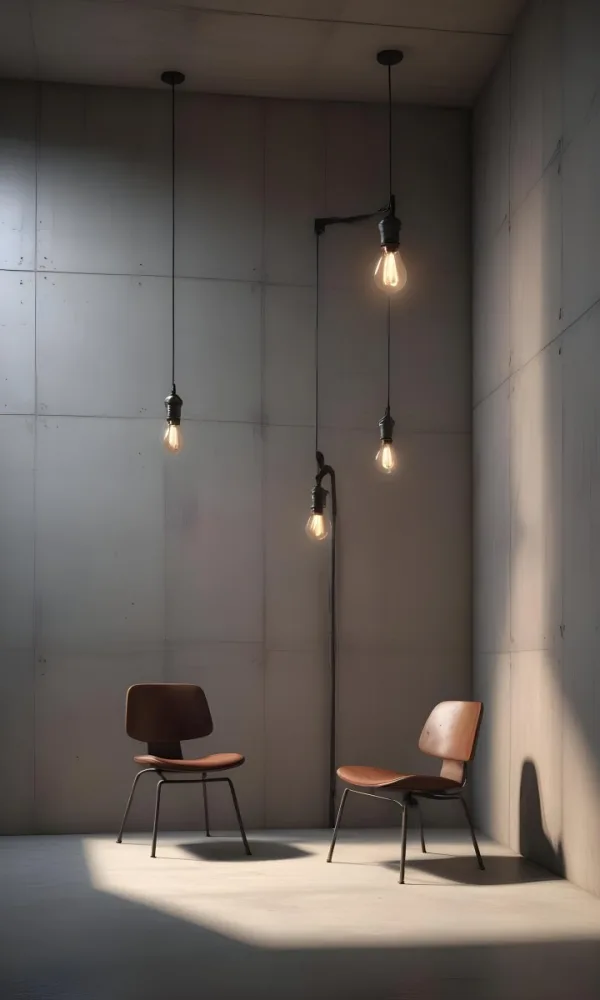 3d Model A Metal Chair In Front Of A Concrete Wall With Two Light Bulbs Hanging From The Ceiling Minimalist Design Industrial Style Figure Octane Render Volumetric Highly Detailed Videogame Aesthetic 6 1282