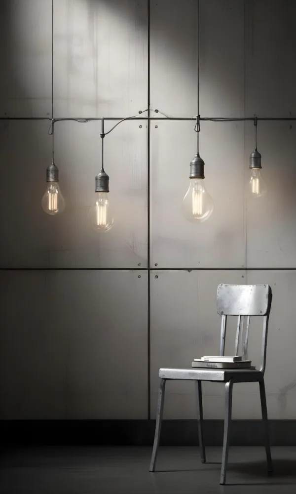 3d Model A Metal Chair In Front Of A Concrete Wall With Two Light Bulbs Hanging From The Ceiling Minimalist Design Industrial Style Figure Octane Render Volumetric Highly Detailed Videogame Aesthetic 7 730b