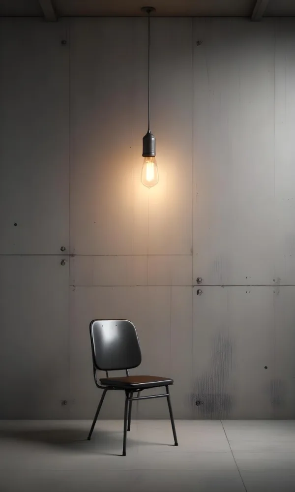 3d Model A Metal Chair In Front Of A Concrete Wall With Two Light Bulbs Hanging From The Ceiling Minimalist Design Industrial Style Figure Octane Render Volumetric Highly Detailed Videogame Aesthetic 8 16de