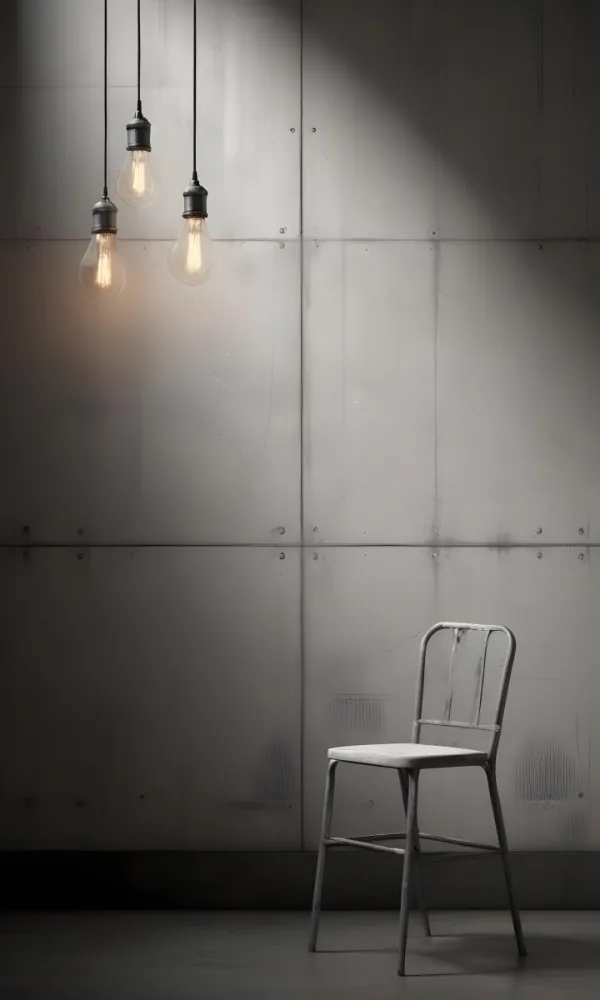 3d Model A Metal Chair In Front Of A Concrete Wall With Two Light Bulbs Hanging From The Ceiling Minimalist Design Industrial Style Figure Octane Render Volumetric Highly Detailed Videogame Aesthetic 9 Ab2b