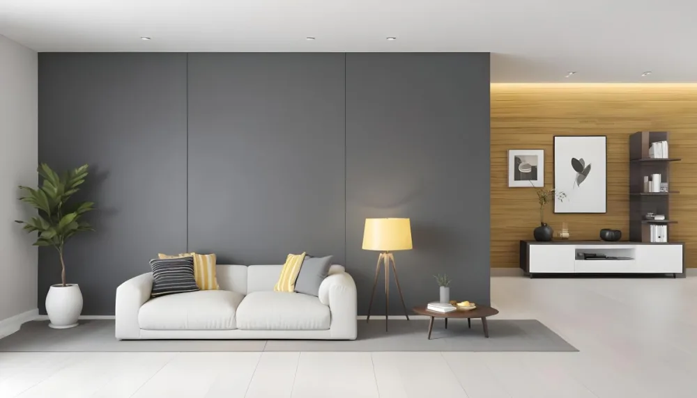 3d Model A Modern Living Room Featuring A Gray Sofa With Striped Cushions A Round Wooden Coffee Table And A Floor Lamp With A Yellow Shade The Background Has A Gray Wall And A Wooden Panel With A Desk And A Yellow Cha 9 4ae0