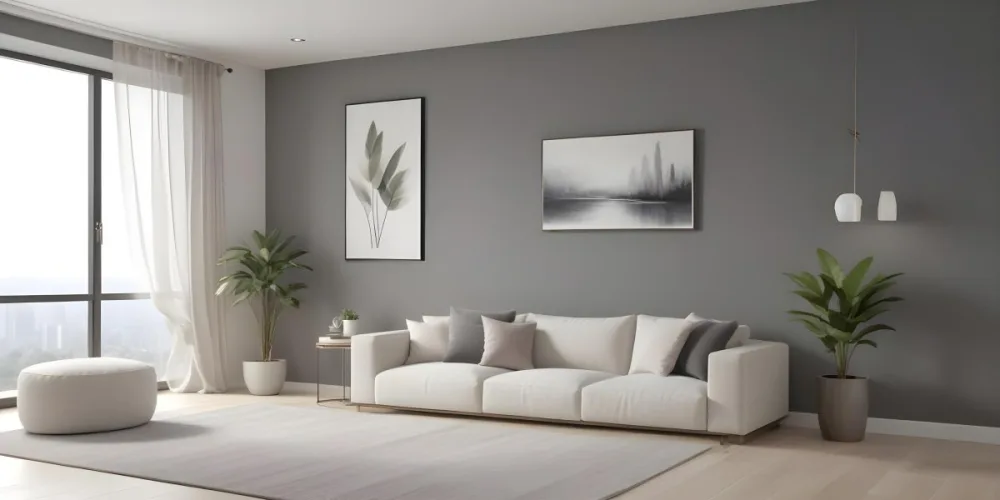 3d Model A Modern Living Room Featuring A White Sofa With Decorative Pillows Positioned Against A Gray Accent Wall To The Left There Is A Light Cabinet With A Plant On Top Large Windows With Sheer Curtains Allow Nat 10 B3a1