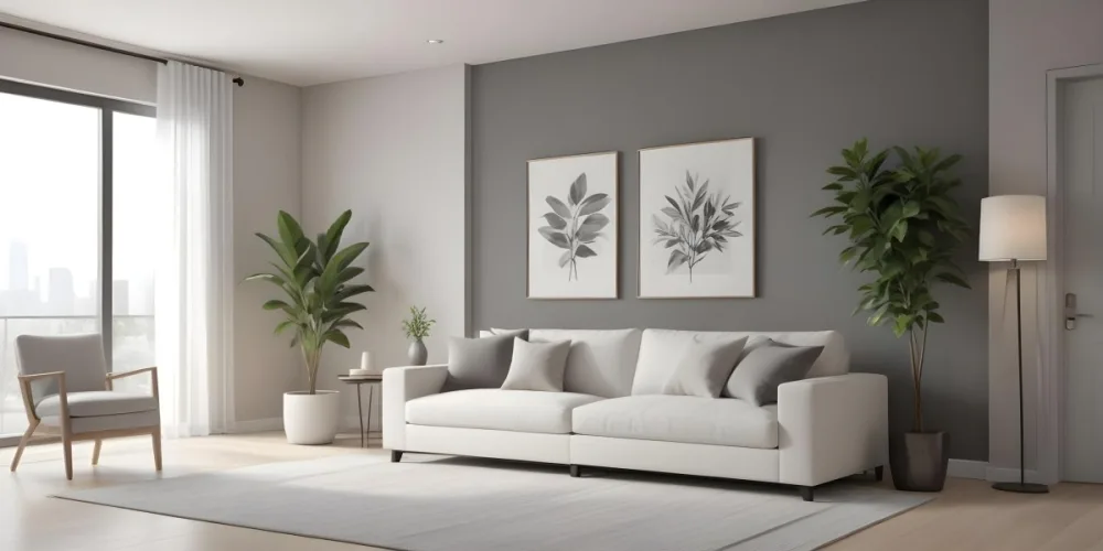 3d Model A Modern Living Room Featuring A White Sofa With Decorative Pillows Positioned Against A Gray Accent Wall To The Left There Is A Light Cabinet With A Plant On Top Large Windows With Sheer Curtains Allow Nat 11 7a93