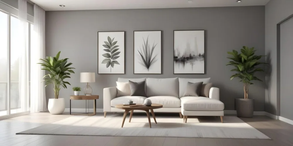 3d Model A Modern Living Room Featuring A White Sofa With Decorative Pillows Positioned Against A Gray Accent Wall To The Left There Is A Light Cabinet With A Plant On Top Large Windows With Sheer Curtains Allow Nat 12 4e31