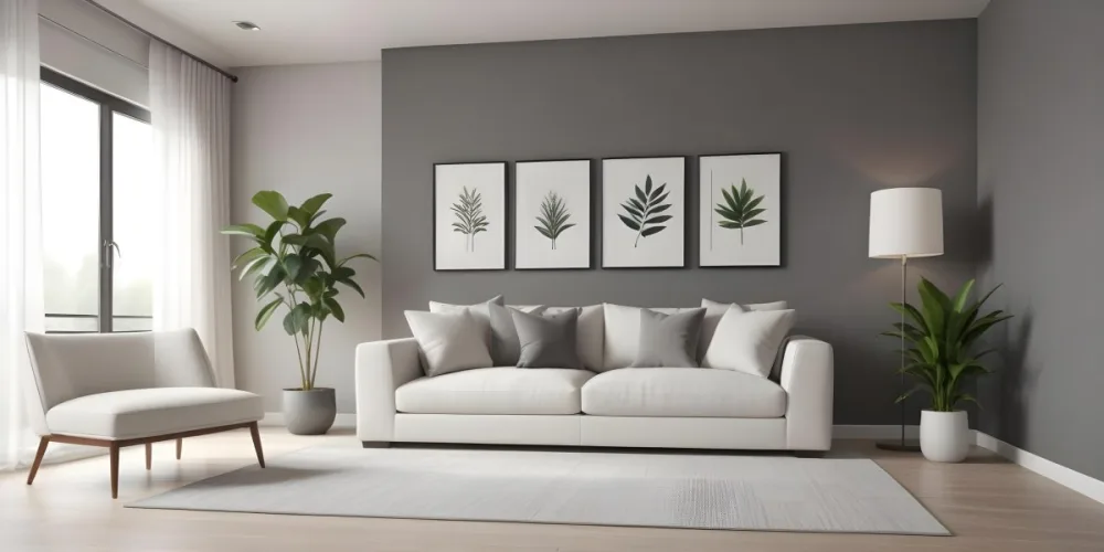 3d Model A Modern Living Room Featuring A White Sofa With Decorative Pillows Positioned Against A Gray Accent Wall To The Left There Is A Light Cabinet With A Plant On Top Large Windows With Sheer Curtains Allow Nat 16 1ffa