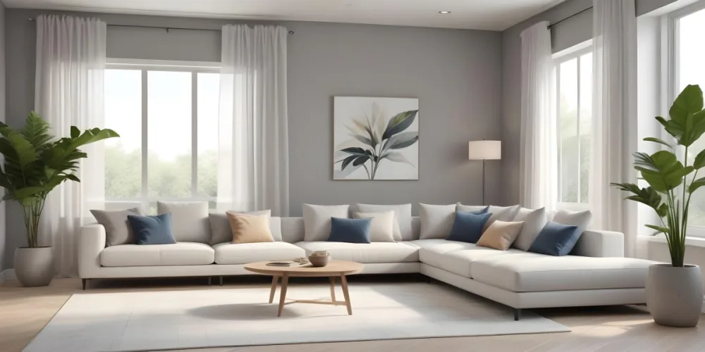 3d Model A Modern Living Room Featuring A White Sofa With Decorative Pillows Positioned Against A Gray Accent Wall To The Left There Is A Light Cabinet With A Plant On Top Large Windows With Sheer Curtains Allow Nat 20 0651