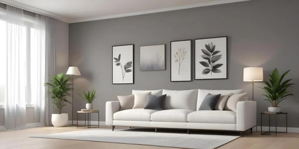 3d Model A Modern Living Room Featuring A White Sofa With Decorative Pillows Positioned Against A Gray Accent Wall To The Left There Is A Light Cabinet With A Plant On Top Large Windows With Sheer Curtains Allow Nat 21 6307