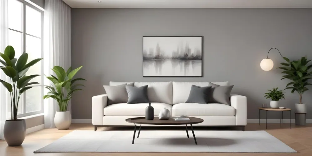 3d Model A Modern Living Room Featuring A White Sofa With Decorative Pillows Positioned Against A Gray Accent Wall To The Left There Is A Light Cabinet With A Plant On Top Large Windows With Sheer Curtains Allow Nat 24 8562