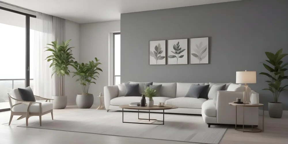3d Model A Modern Living Room Featuring A White Sofa With Decorative Pillows Positioned Against A Gray Accent Wall To The Left There Is A Light Cabinet With A Plant On Top Large Windows With Sheer Curtains Allow Nat 25 C443