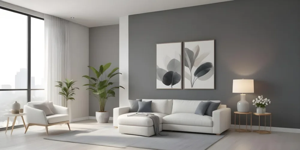3d Model A Modern Living Room Featuring A White Sofa With Decorative Pillows Positioned Against A Gray Accent Wall To The Left There Is A Light Cabinet With A Plant On Top Large Windows With Sheer Curtains Allow Nat 29 534c