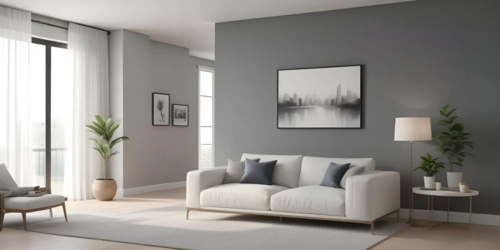 3d Model A Modern Living Room Featuring A White Sofa With Decorative Pillows Positioned Against A Gray Accent Wall To The Left There Is A Light Cabinet With A Plant On Top Large Windows With Sheer Curtains Allow Nat 3 A503