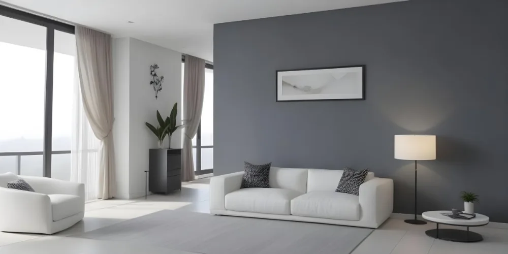 3d Model A Modern Living Room Featuring A White Sofa With Decorative Pillows Positioned Against A Gray Accent Wall To The Left There Is A Light Cabinet With A Plant On Top Large Windows With Sheer Curtains Allow Nat 30 Bda4