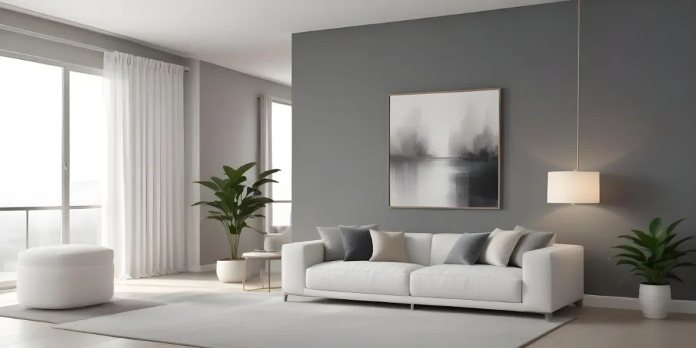 3d Model A Modern Living Room Featuring A White Sofa With Decorative Pillows Positioned Against A Gray Accent Wall To The Left There Is A Light Cabinet With A Plant On Top Large Windows With Sheer Curtains Allow Nat 31 6e65