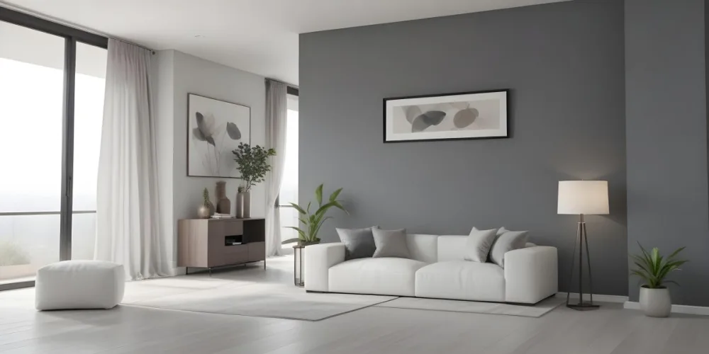3d Model A Modern Living Room Featuring A White Sofa With Decorative Pillows Positioned Against A Gray Accent Wall To The Left There Is A Light Cabinet With A Plant On Top Large Windows With Sheer Curtains Allow Nat 32 58a9