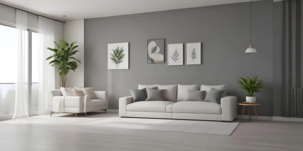 3d Model A Modern Living Room Featuring A White Sofa With Decorative Pillows Positioned Against A Gray Accent Wall To The Left There Is A Light Cabinet With A Plant On Top Large Windows With Sheer Curtains Allow Nat 33 Ed59