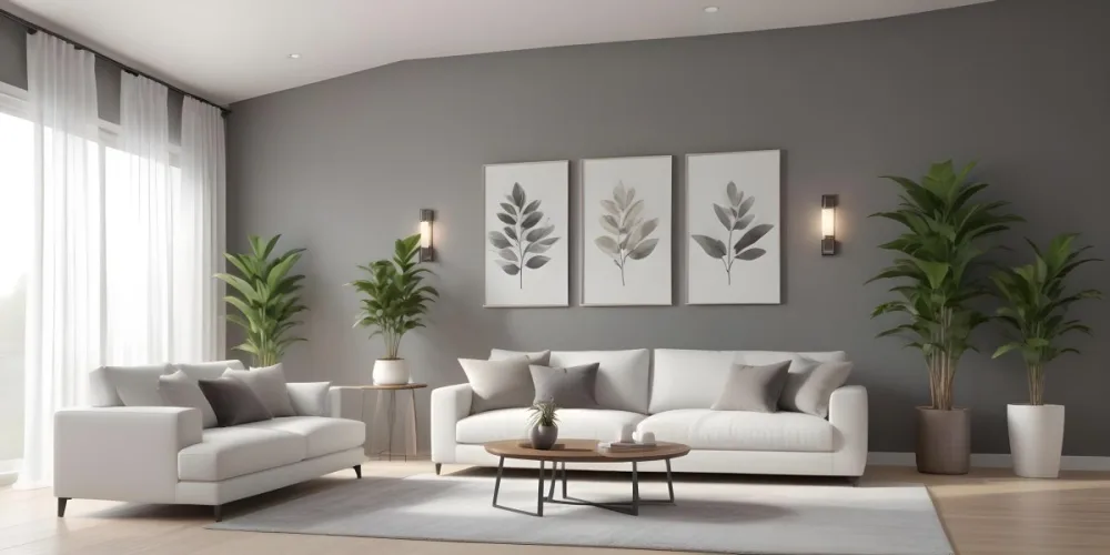 3d Model A Modern Living Room Featuring A White Sofa With Decorative Pillows Positioned Against A Gray Accent Wall To The Left There Is A Light Cabinet With A Plant On Top Large Windows With Sheer Curtains Allow Nat 4 C4dd