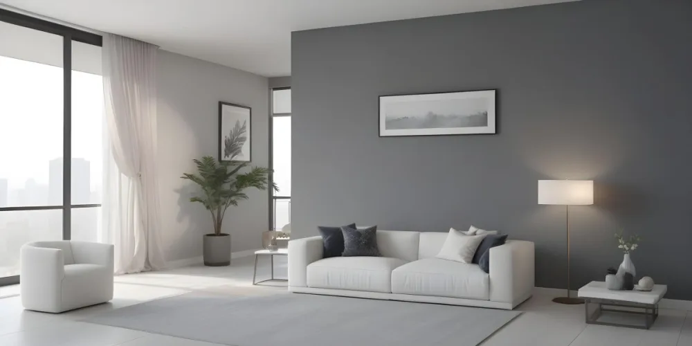 3d Model A Modern Living Room Featuring A White Sofa With Decorative Pillows Positioned Against A Gray Accent Wall To The Left There Is A Light Cabinet With A Plant On Top Large Windows With Sheer Curtains Allow Nat 9 7688