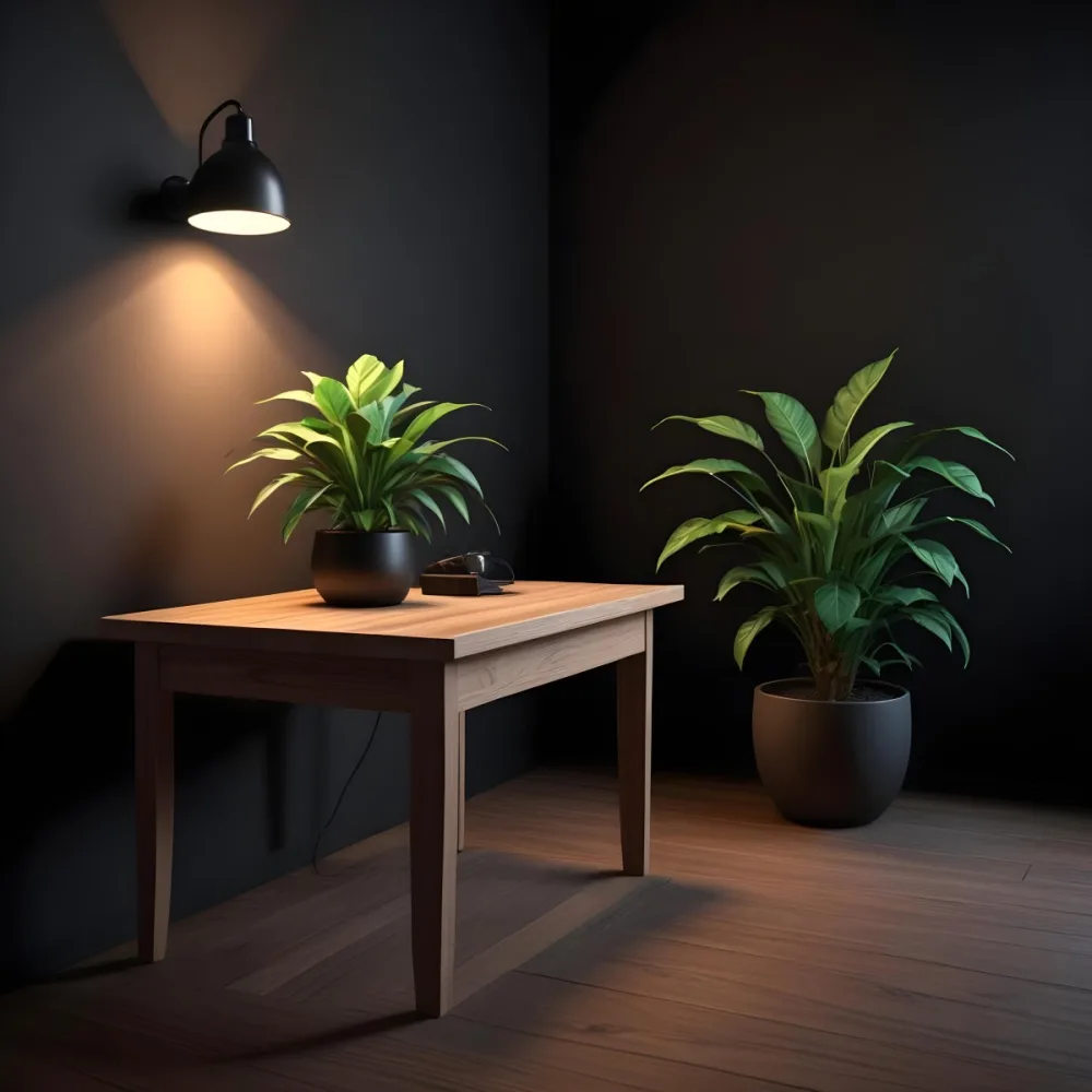 3d Model A Wooden Table With A Plant On The Left A Black Lamp Illuminating The Scene Dark Background Figure Octane Render Volumetric Highly Detailed Videogame Aesthetic 1 Ce31