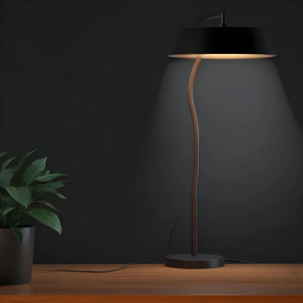 3d Model A Wooden Table With A Plant On The Left A Black Lamp Illuminating The Scene Dark Background Figure Octane Render Volumetric Highly Detailed Videogame Aesthetic 10 7616