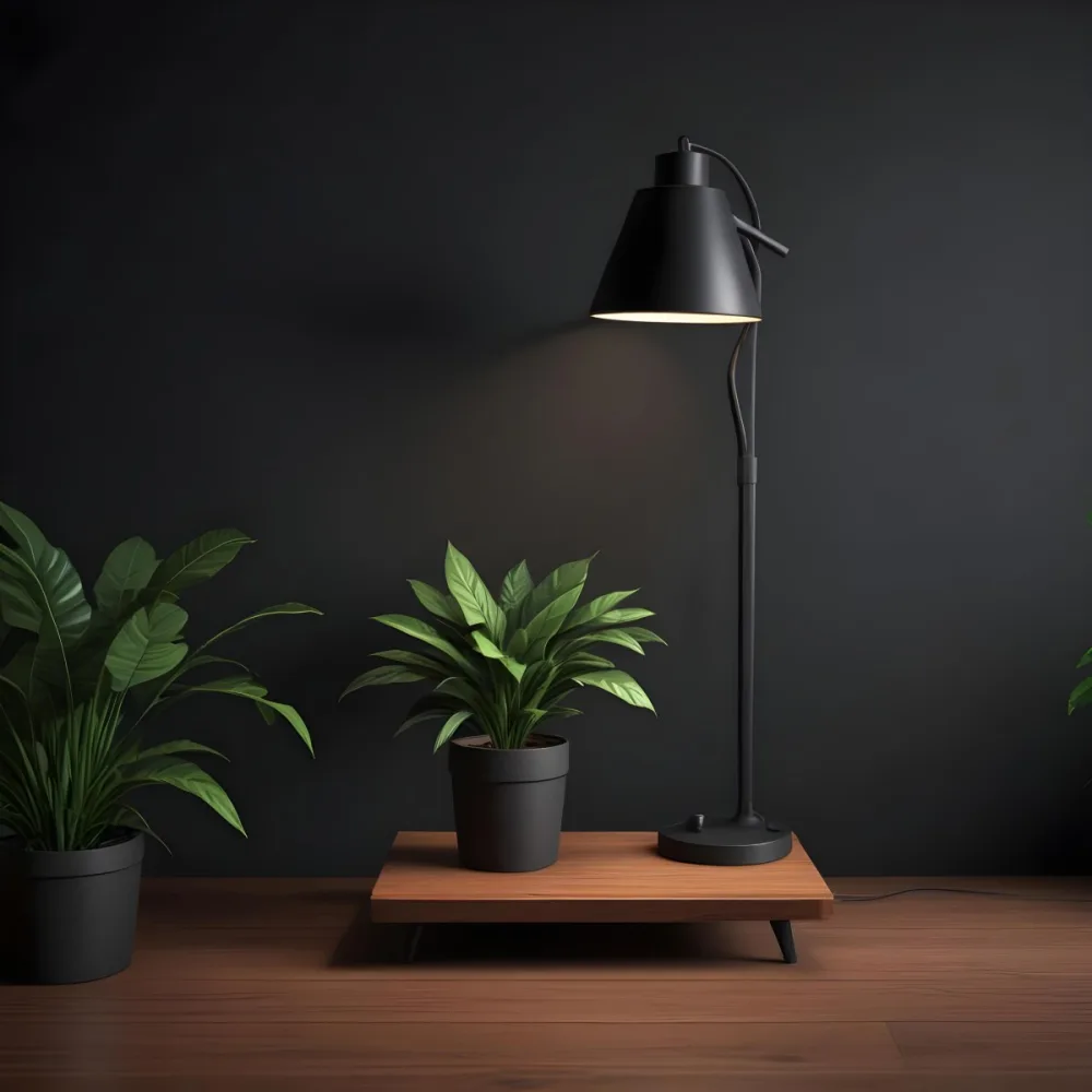 3d Model A Wooden Table With A Plant On The Left A Black Lamp Illuminating The Scene Dark Background Figure Octane Render Volumetric Highly Detailed Videogame Aesthetic 13 E1b3