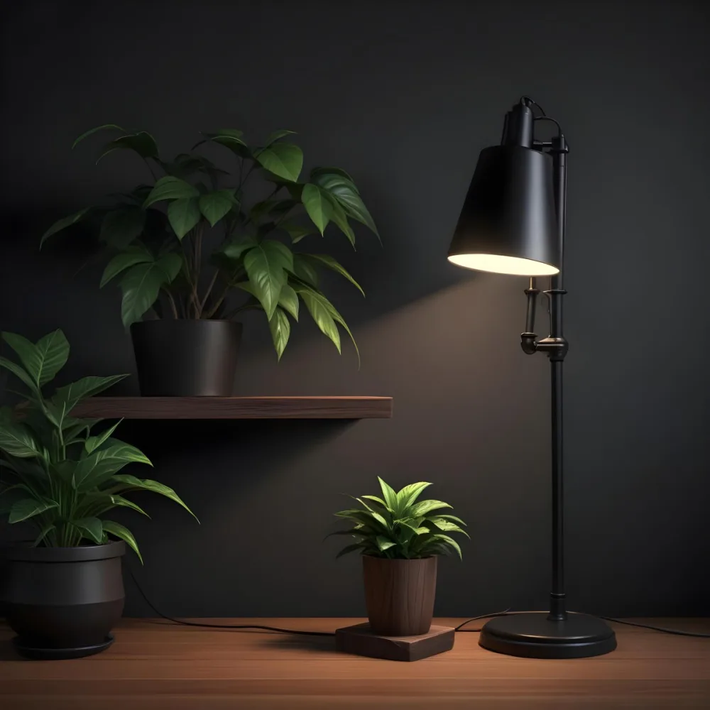 3d Model A Wooden Table With A Plant On The Left A Black Lamp Illuminating The Scene Dark Background Figure Octane Render Volumetric Highly Detailed Videogame Aesthetic 14 Cc9f
