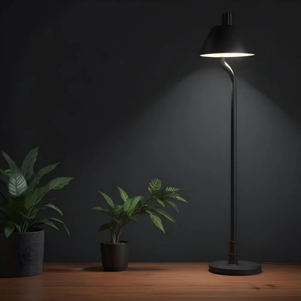 3d Model A Wooden Table With A Plant On The Left A Black Lamp Illuminating The Scene Dark Background Figure Octane Render Volumetric Highly Detailed Videogame Aesthetic 16 429d