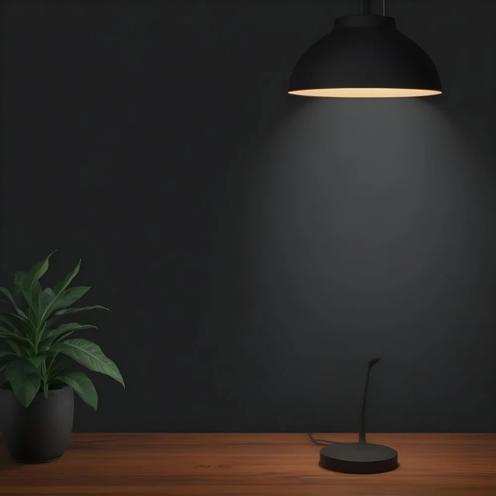 3d Model A Wooden Table With A Plant On The Left A Black Lamp Illuminating The Scene Dark Background Figure Octane Render Volumetric Highly Detailed Videogame Aesthetic 17 55d9