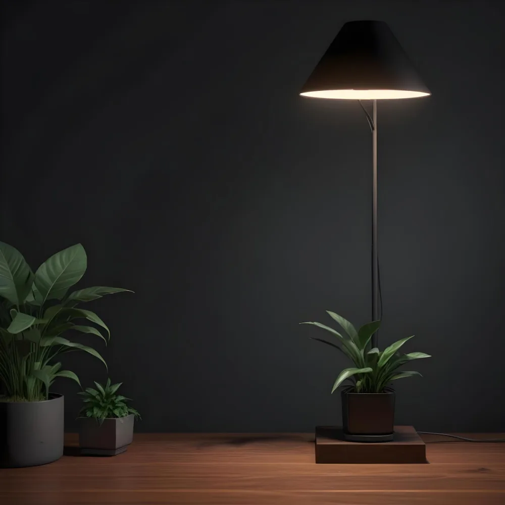 3d Model A Wooden Table With A Plant On The Left A Black Lamp Illuminating The Scene Dark Background Figure Octane Render Volumetric Highly Detailed Videogame Aesthetic 18 6fc4