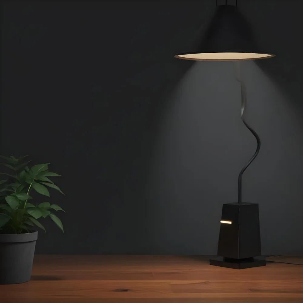 3d Model A Wooden Table With A Plant On The Left A Black Lamp Illuminating The Scene Dark Background Figure Octane Render Volumetric Highly Detailed Videogame Aesthetic 19 793b