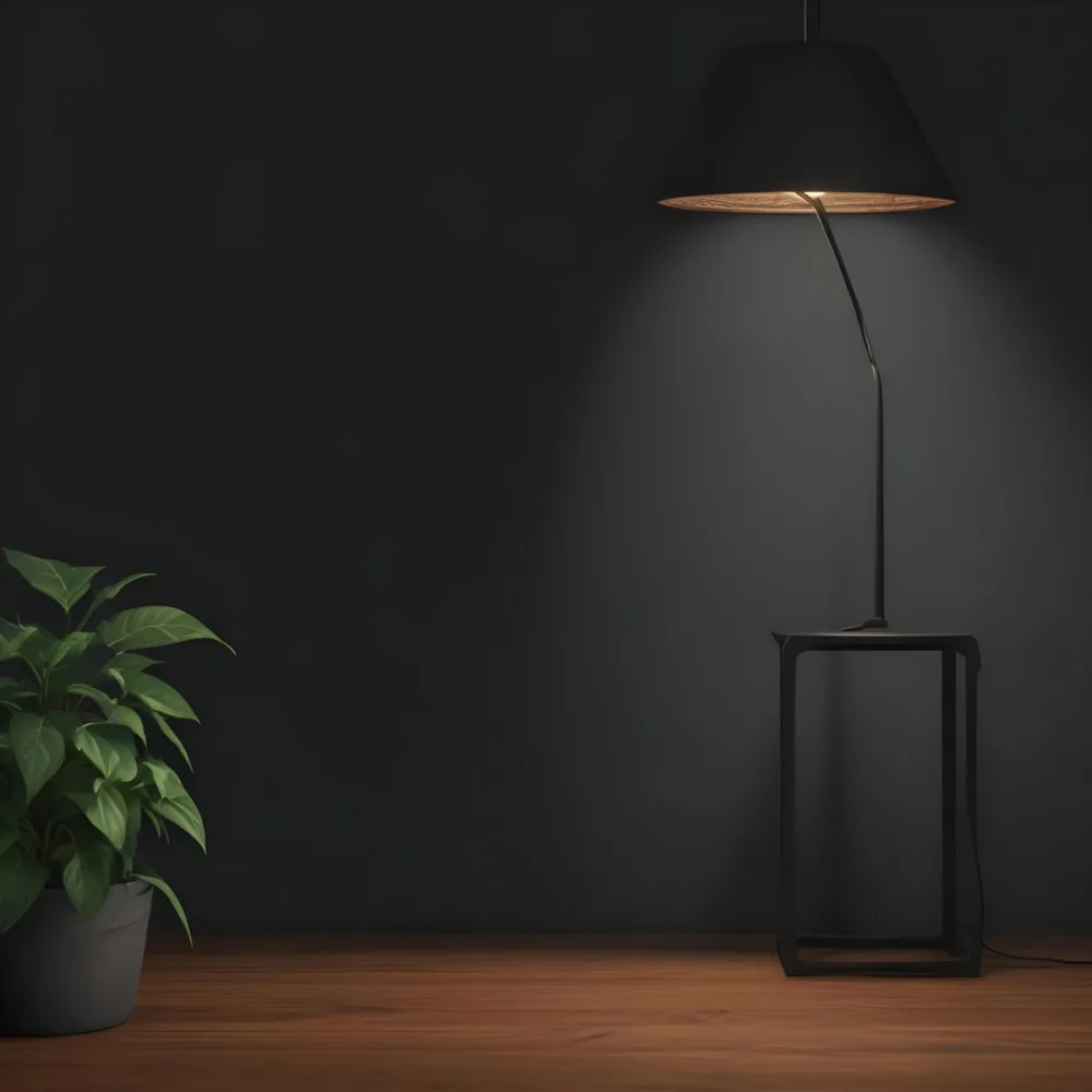 3d Model A Wooden Table With A Plant On The Left A Black Lamp Illuminating The Scene Dark Background Figure Octane Render Volumetric Highly Detailed Videogame Aesthetic 2 8e1f