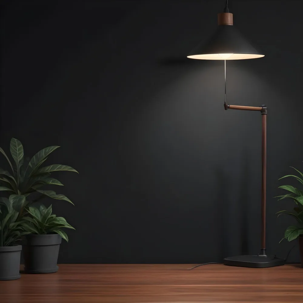 3d Model A Wooden Table With A Plant On The Left A Black Lamp Illuminating The Scene Dark Background Figure Octane Render Volumetric Highly Detailed Videogame Aesthetic 20 6f9d