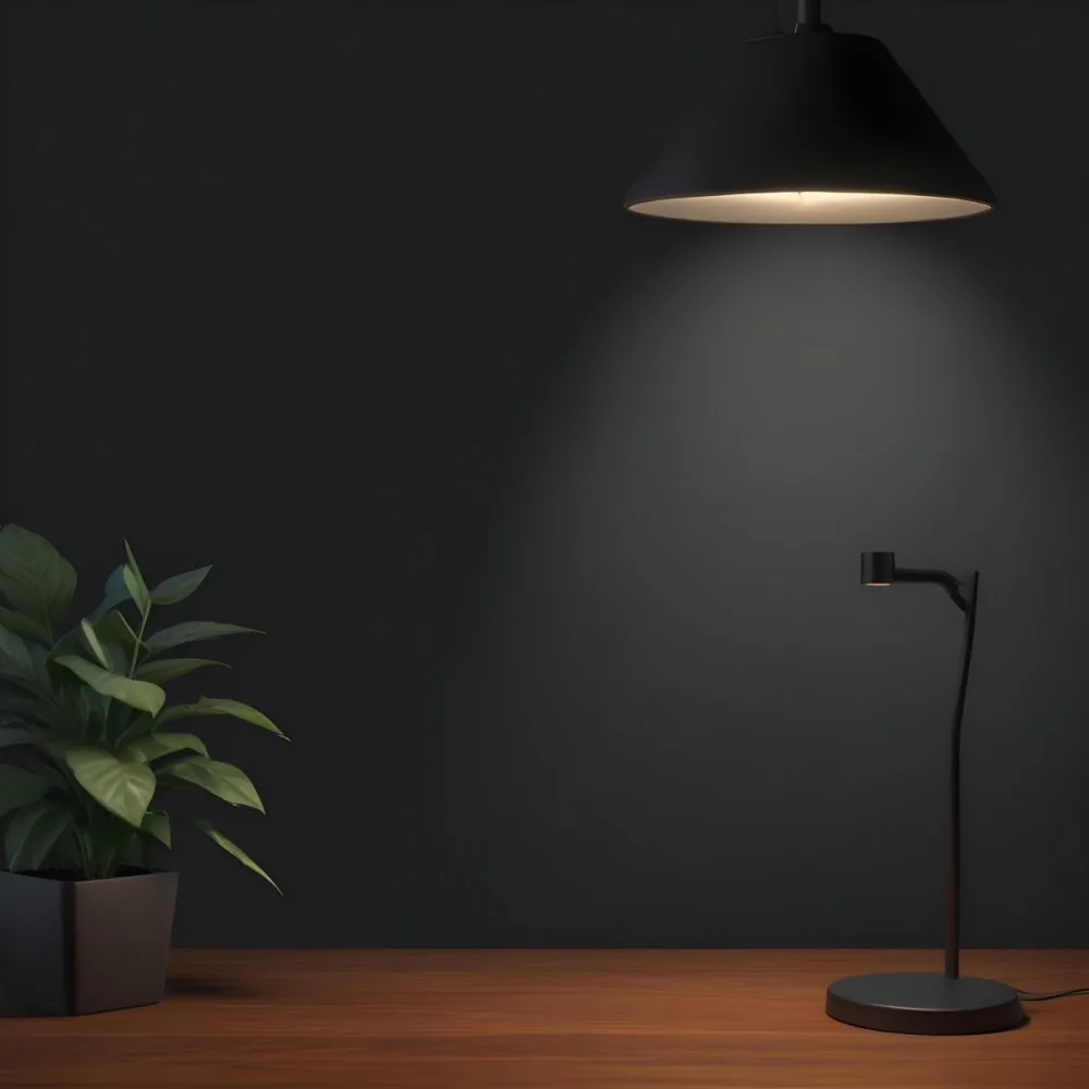 3d Model A Wooden Table With A Plant On The Left A Black Lamp Illuminating The Scene Dark Background Figure Octane Render Volumetric Highly Detailed Videogame Aesthetic 21 3ac7