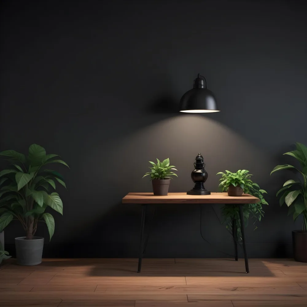 3d Model A Wooden Table With A Plant On The Left A Black Lamp Illuminating The Scene Dark Background Figure Octane Render Volumetric Highly Detailed Videogame Aesthetic 3 99c6