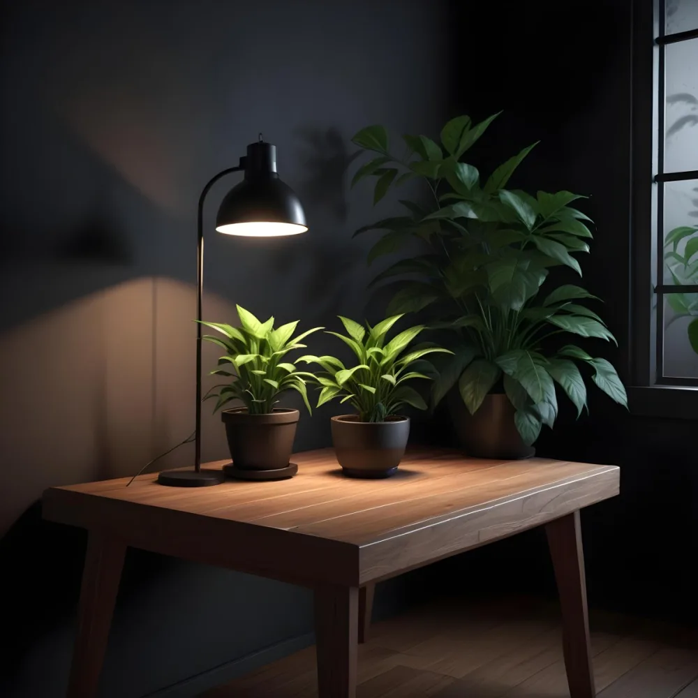3d Model A Wooden Table With A Plant On The Left A Black Lamp Illuminating The Scene Dark Background Figure Octane Render Volumetric Highly Detailed Videogame Aesthetic 5 A1a2