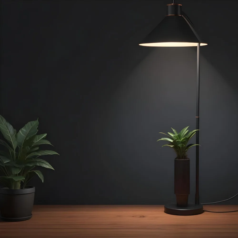 3d Model A Wooden Table With A Plant On The Left A Black Lamp Illuminating The Scene Dark Background Figure Octane Render Volumetric Highly Detailed Videogame Aesthetic 6 D298