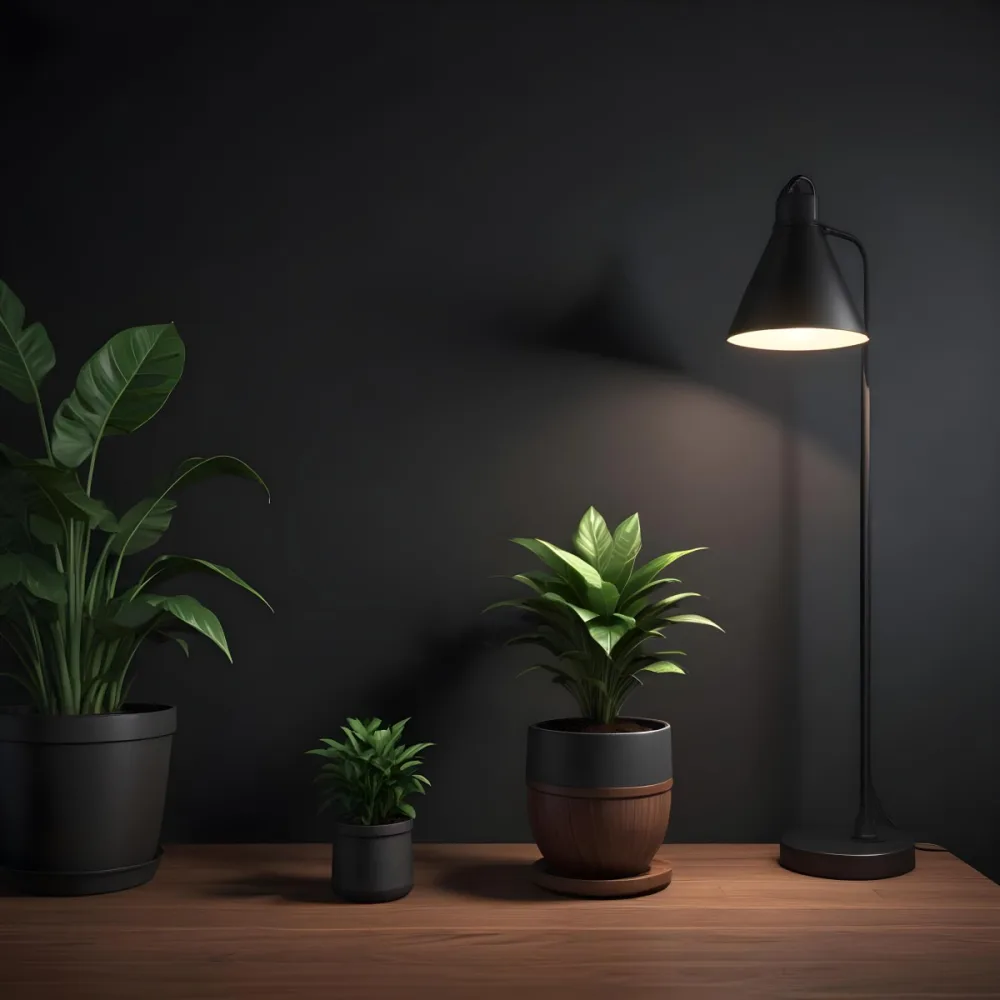 3d Model A Wooden Table With A Plant On The Left A Black Lamp Illuminating The Scene Dark Background Figure Octane Render Volumetric Highly Detailed Videogame Aesthetic 7 3131