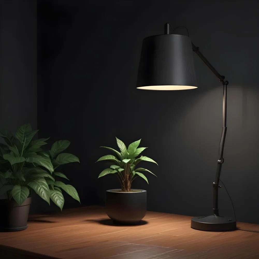 3d Model A Wooden Table With A Plant On The Left A Black Lamp Illuminating The Scene Dark Background Figure Octane Render Volumetric Highly Detailed Videogame Aesthetic 8 4b32