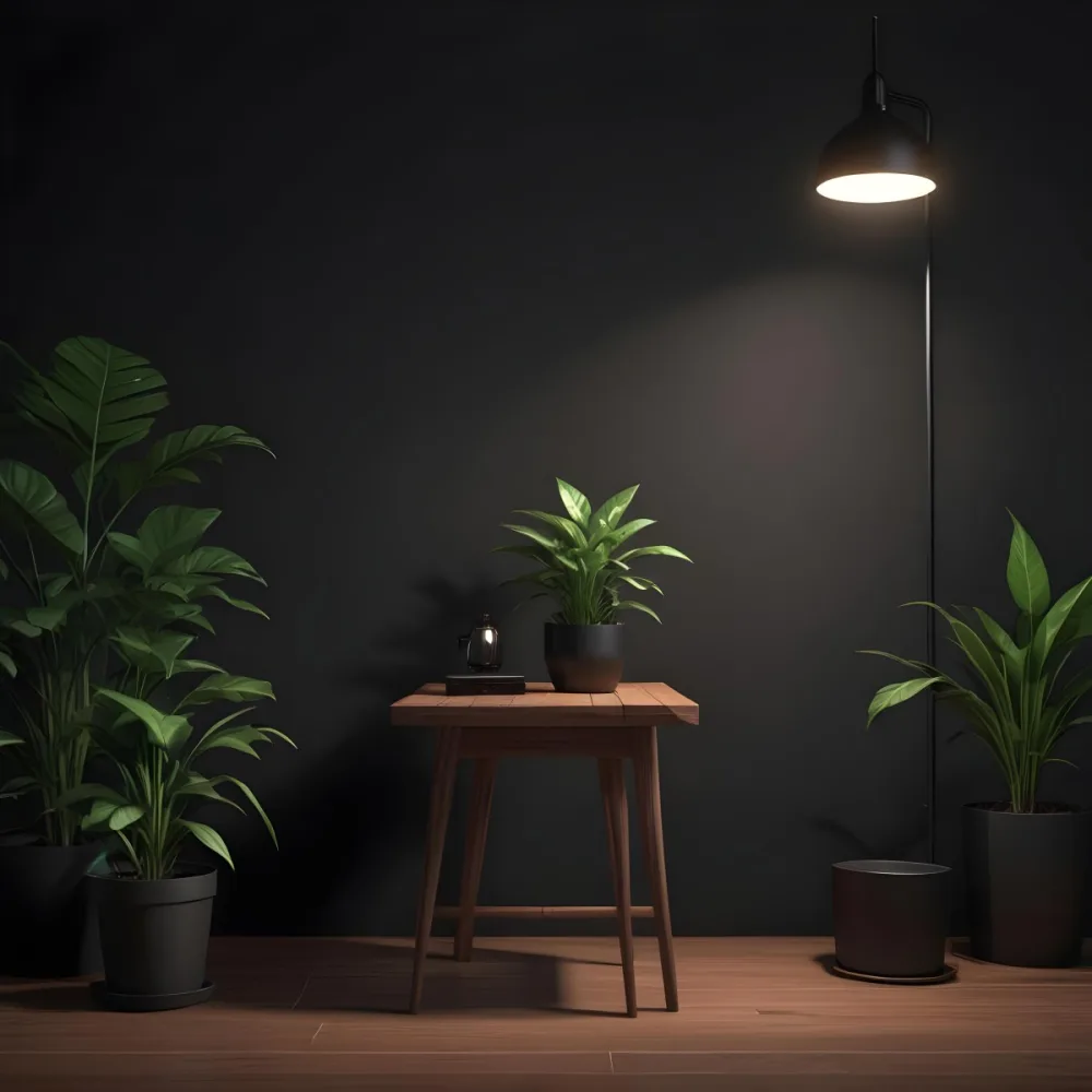 3d Model A Wooden Table With A Plant On The Left A Black Lamp Illuminating The Scene Dark Background Figure Octane Render Volumetric Highly Detailed Videogame Aesthetic 9 3076
