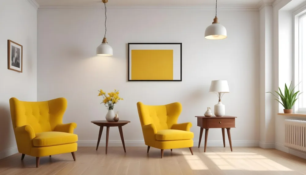 3d Model Interior Of A Room With A White Wall A Yellow Armchair A Wooden Table With A Vase And A Frame And A Hanging Lamp Figure Octane Render Volumetric Highly Detailed Videogame Aesthetic 10 2c80