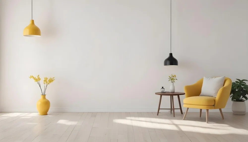 3d Model Interior Of A Room With A White Wall A Yellow Armchair A Wooden Table With A Vase And A Frame And A Hanging Lamp Figure Octane Render Volumetric Highly Detailed Videogame Aesthetic 13 E48b