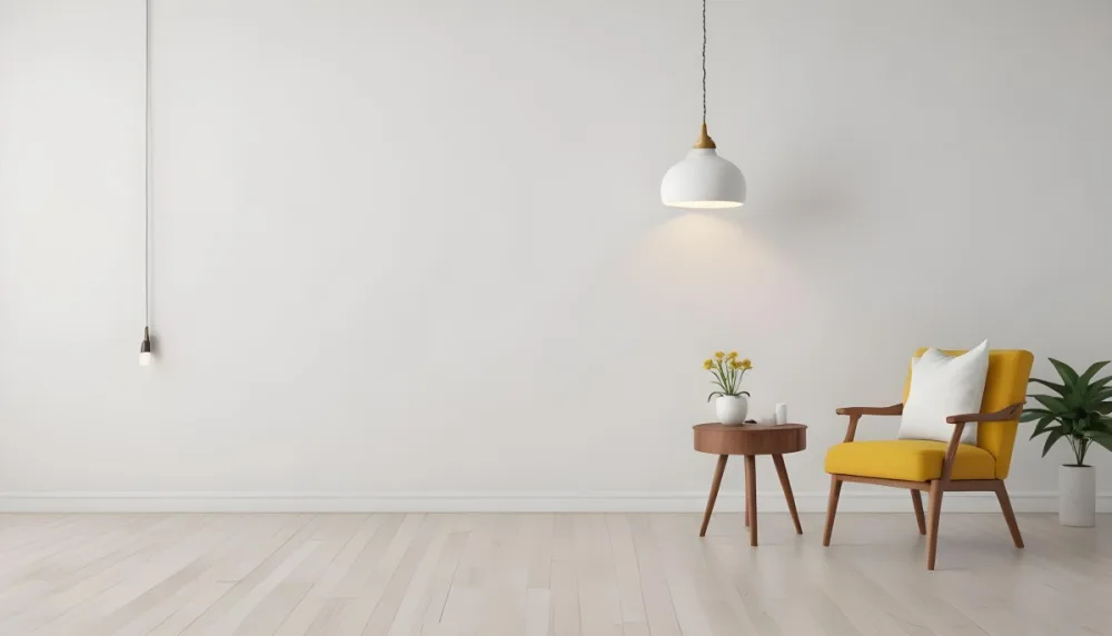 3d Model Interior Of A Room With A White Wall A Yellow Armchair A Wooden Table With A Vase And A Frame And A Hanging Lamp Figure Octane Render Volumetric Highly Detailed Videogame Aesthetic 14 7289