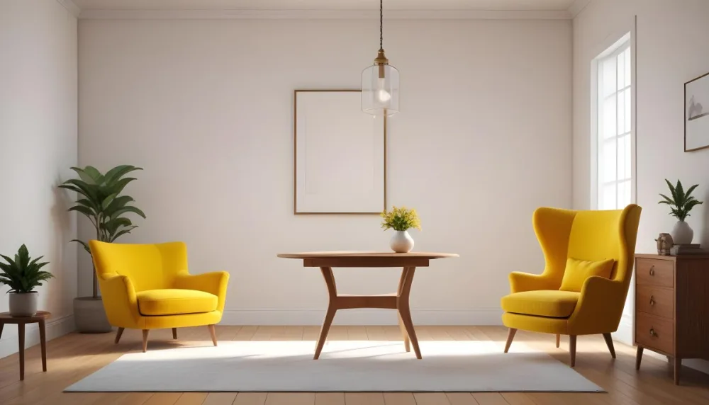 3d Model Interior Of A Room With A White Wall A Yellow Armchair A Wooden Table With A Vase And A Frame And A Hanging Lamp Figure Octane Render Volumetric Highly Detailed Videogame Aesthetic 15 2abf