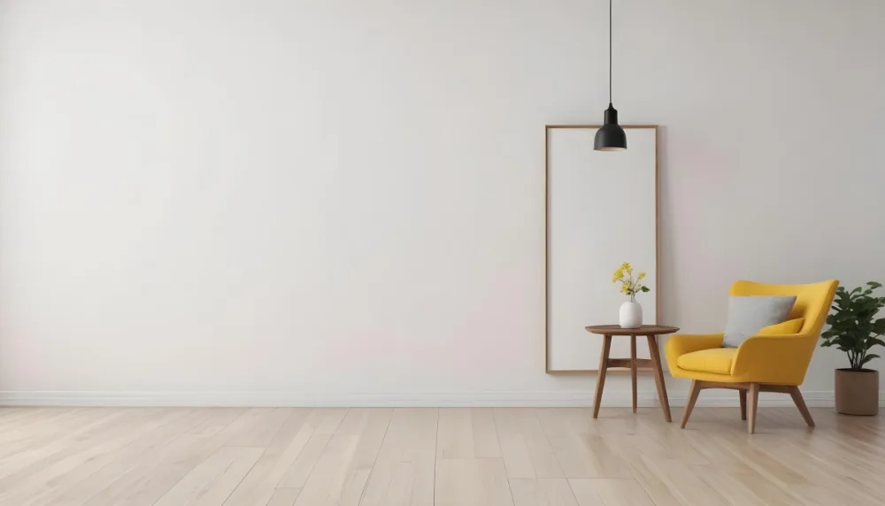 3d Model Interior Of A Room With A White Wall A Yellow Armchair A Wooden Table With A Vase And A Frame And A Hanging Lamp Figure Octane Render Volumetric Highly Detailed Videogame Aesthetic 16 9a2a