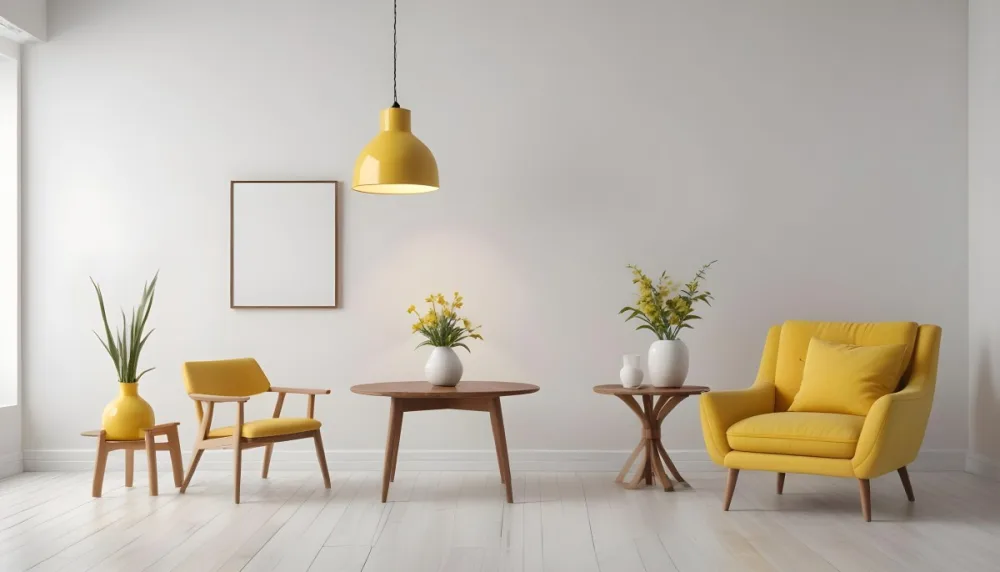 3d Model Interior Of A Room With A White Wall A Yellow Armchair A Wooden Table With A Vase And A Frame And A Hanging Lamp Figure Octane Render Volumetric Highly Detailed Videogame Aesthetic 17 1834