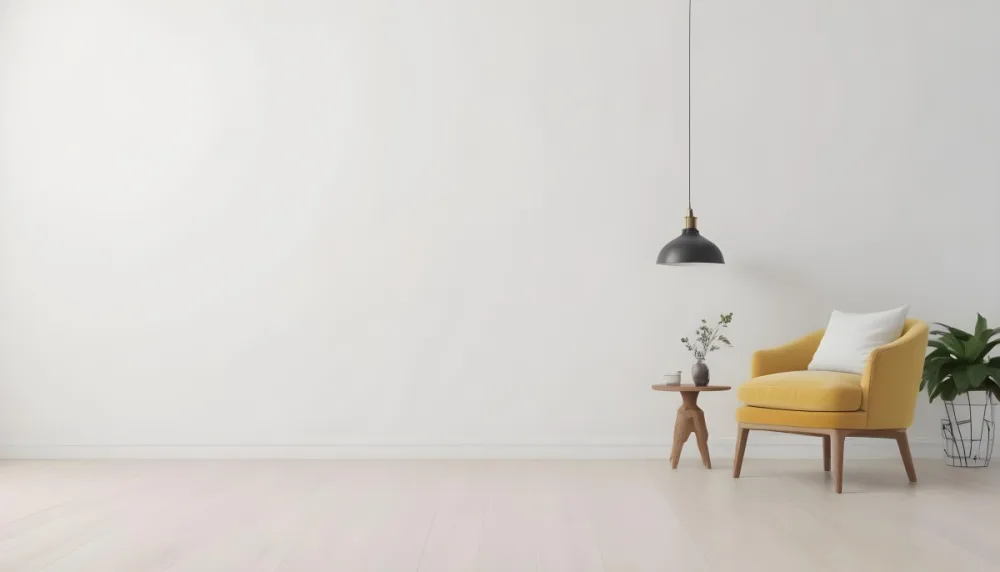 3d Model Interior Of A Room With A White Wall A Yellow Armchair A Wooden Table With A Vase And A Frame And A Hanging Lamp Figure Octane Render Volumetric Highly Detailed Videogame Aesthetic 2 B24a